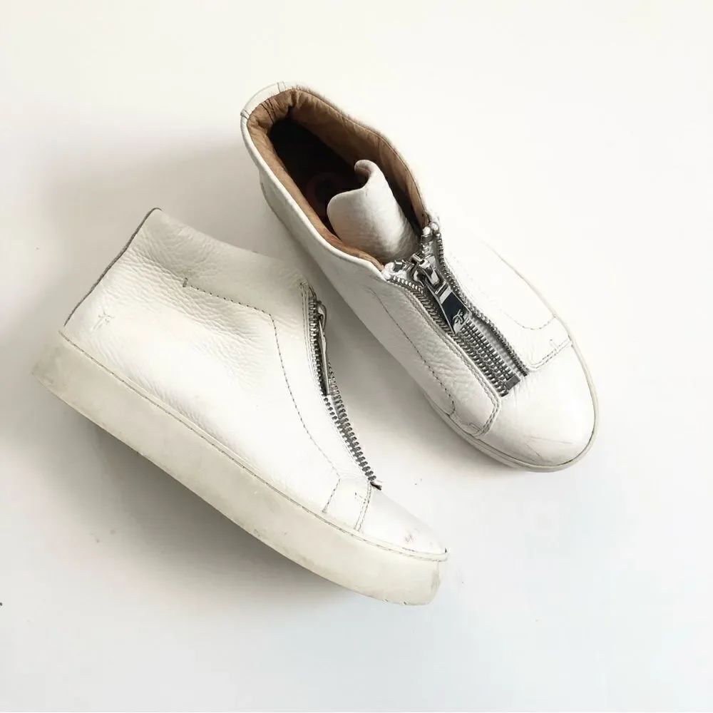 Frye Lena zip platform white leather sneakers with double top zippers woman’s 6